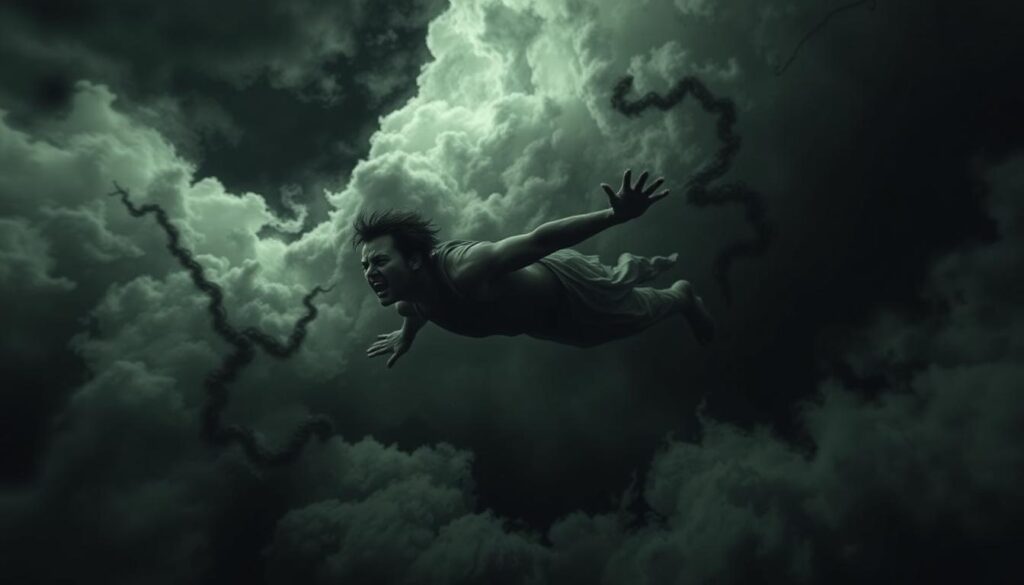 A dark, dreamlike landscape with a figure soaring through a turbulent sky. The foreground features a human form, their face twisted in an expression of fear and trepidation as they navigate the swirling clouds and wind. The middle ground reveals a surreal, unsettling atmosphere, with twisted, shadowy shapes looming ominously. The background is a deep, foreboding void, hinting at the subconscious fears and anxieties that manifest in the figure's dream of flight. The scene is rendered in a moody, chiaroscuro style, using dramatic lighting and shadows to heighten the sense of unease and disquiet. The overall effect conveys the powerful role that fear can play in shaping our most primal fantasies and nocturnal visions.