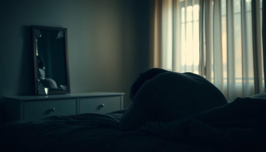 A dimly lit bedroom, the air heavy with betrayal. In the foreground, a figure lies curled on the bed, their face obscured by shadows, conveying a deep sense of anguish and heartbreak. The middle ground features a shattered mirror, its jagged edges reflecting the fragmented emotions of the scene. The background is blurred, a metaphor for the confusion and disorientation of the betrayal. Soft, warm lighting filters through the curtains, casting a bittersweet glow, hinting at the emotional turmoil within. The overall atmosphere is one of raw vulnerability, a visceral representation of the pain and sorrow that accompanies the experience of being betrayed in one's dreams.