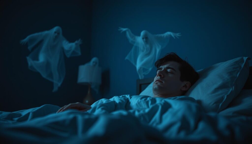 A dimly lit bedroom, the walls painted in muted shades of blue. In the foreground, a person tosses and turns in their sleep, brow furrowed with worry. Ethereal, ghostly figures appear to swirl around them, hinting at the premonitory nature of their dreams. The lighting is soft and moody, creating an atmospheric and unsettling mood. The perspective is slightly tilted, adding to the sense of unease. The overall scene conveys a palpable sense of anxiety and foreboding, reflecting the distinct nature of premonitory dreams versus dreams of general anxiety.