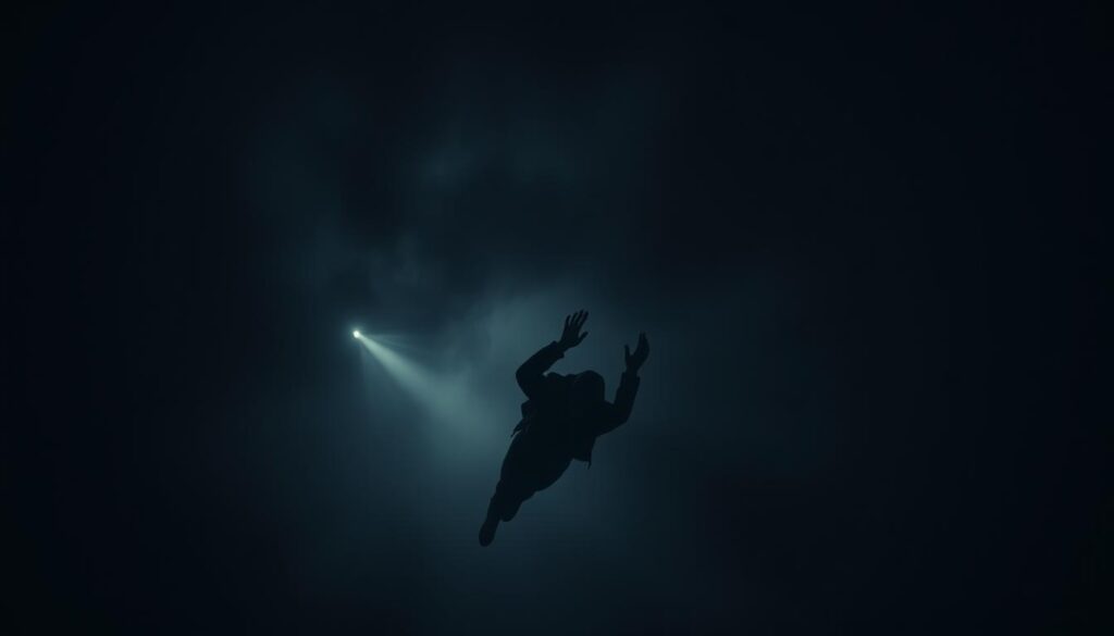 A dimly lit room, the air thick with a sense of unease. In the foreground, a figure falls, their descent captured in a frozen moment of vulnerability. Layers of shadowy shapes swirl around them, reflecting the turmoil of the dream. The background is shrouded in a hazy, almost dreamlike quality, adding to the surreal atmosphere. Soft, muted lighting casts a somber glow, conveying the gravity of the scene. The composition is balanced, drawing the eye to the central figure, their expression one of helplessness and fear. This image evokes the unsettling experience of a "queda" or falling dream, a universal experience with deep psychological implications.