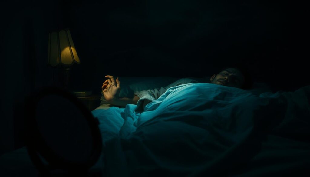 A dimly lit room, where a person lies sleeping, tossing and turning, their face etched with a pained expression. Shadows cast by a single lamp create a moody, introspective atmosphere, hinting at the psychological turmoil of a betrayal-laden dream. In the foreground, a shattered mirror reflects the fragmented psyche, while in the background, a hazy, dreamlike landscape suggests the subconscious realm where the betrayal plays out. The scene is captured with a cinematic, low-angle perspective, conveying a sense of vulnerability and the weight of the emotional experience.
