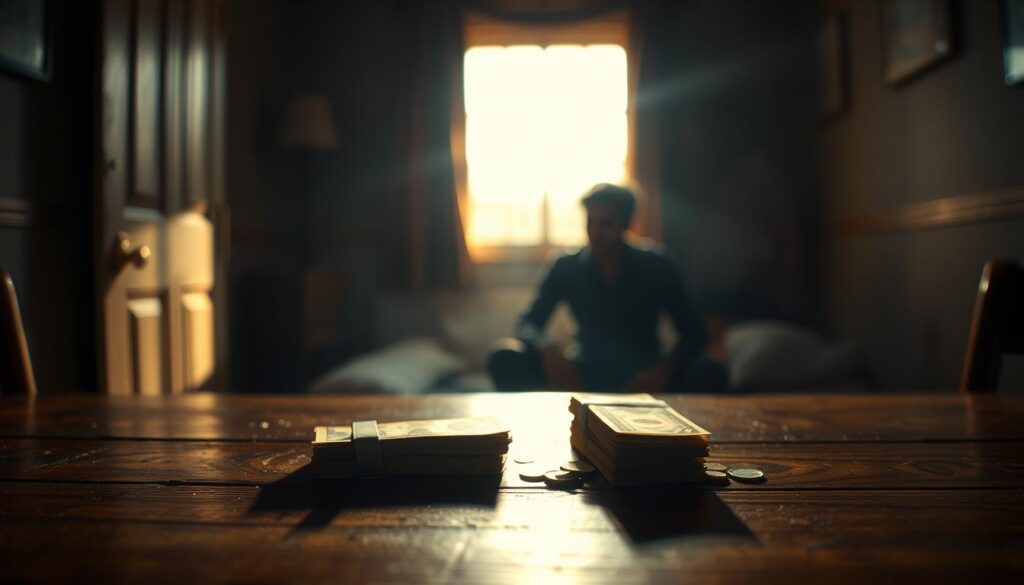 A dimly lit room, with a warm, golden glow filtering through a window. A wooden table in the foreground, upon which a stack of bills and coins rests, casting long shadows. In the middle ground, a figure sits deep in thought, their face partially obscured, as if pondering the significance of their dream. The background blurs into a hazy, dreamlike state, reflecting the subconscious nature of the scene. The overall atmosphere is one of introspection and the weight of societal influence on our innermost thoughts and desires.