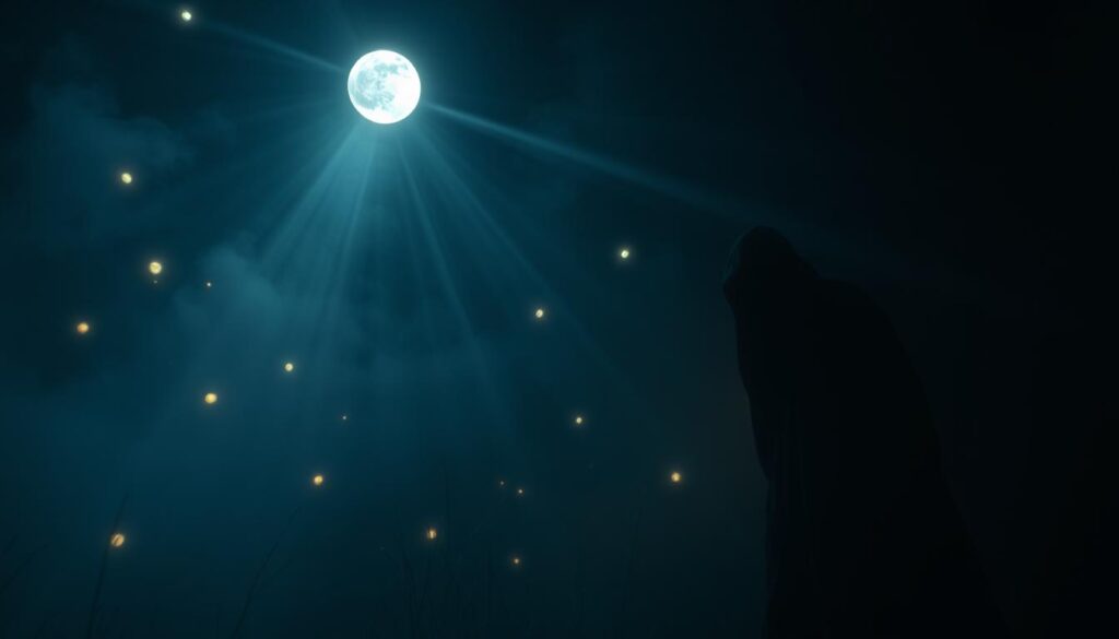 A dimly lit spiritual realm, where a shadowy figure creeps through the ethereal mist. Eerie, glowing orbs float in the background, casting an otherworldly glow upon the scene. The intruder's face is obscured, their movements stealthy and predatory, as they infiltrate the sacred space. Beams of moonlight pierce the gloom, creating an atmosphere of unease and foreboding. The composition is ominous and unsettling, capturing the essence of a spiritual assault in vivid detail.