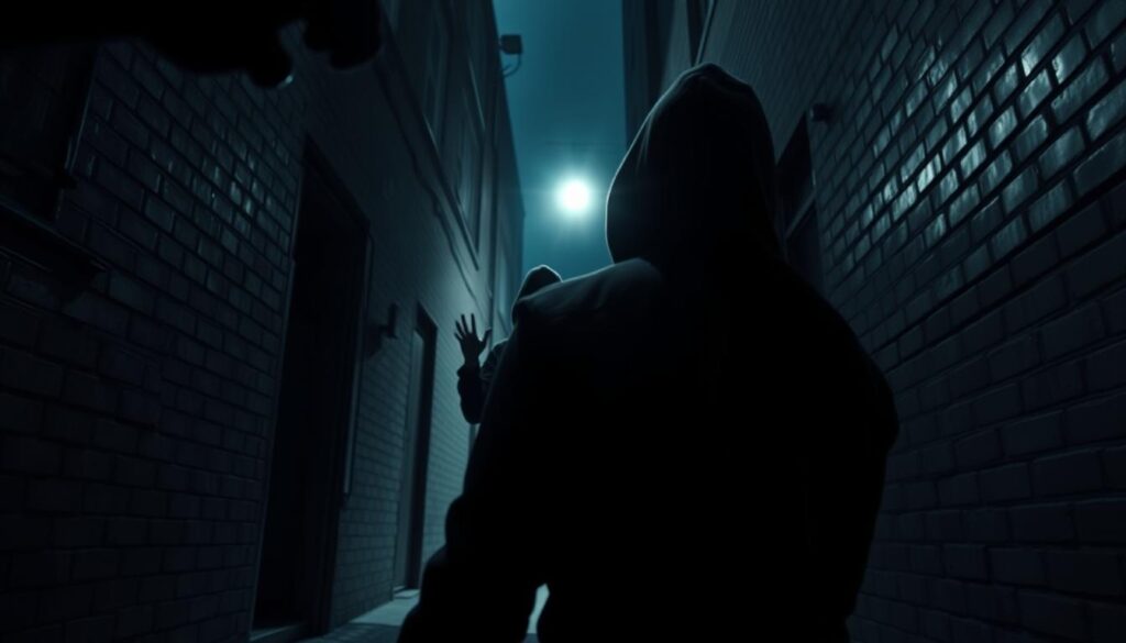 A dimly lit urban alleyway, the walls casting eerie shadows. In the foreground, a figure in a hooded jacket peers around the corner, hand poised to strike. The victim, a startled individual, backs away in fear, hands raised in a defensive posture. Tension hangs thick in the air, the atmosphere charged with the impending threat of violence. Muted tones of grays and blues create a somber, foreboding mood, while a single streetlight casts an ominous glow, accentuating the sense of danger. Dramatic camera angle from a low, ground-level perspective amplifies the feeling of vulnerability and the precariousness of the situation.