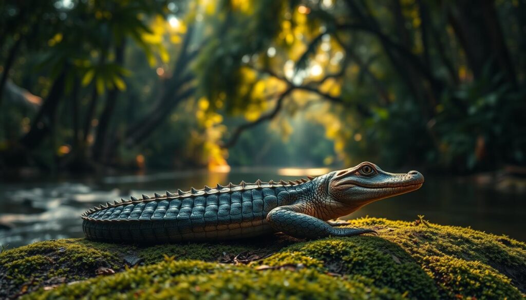 A lifelike, photorealistic image of a baby alligator (filhote de jacaré) resting on a mossy, riverbank. The alligator hatchling is coiled up, its scaly skin reflecting the warm, dappled sunlight filtering through the dense, lush foliage of the Amazon rainforest canopy in the background. The foreground is in sharp focus, showcasing the intricate details of the alligator's ridged back, beady eyes, and powerful jaws. The middle ground features a serene, winding river with gently lapping waves. The overall mood is one of tranquility and natural wonder.