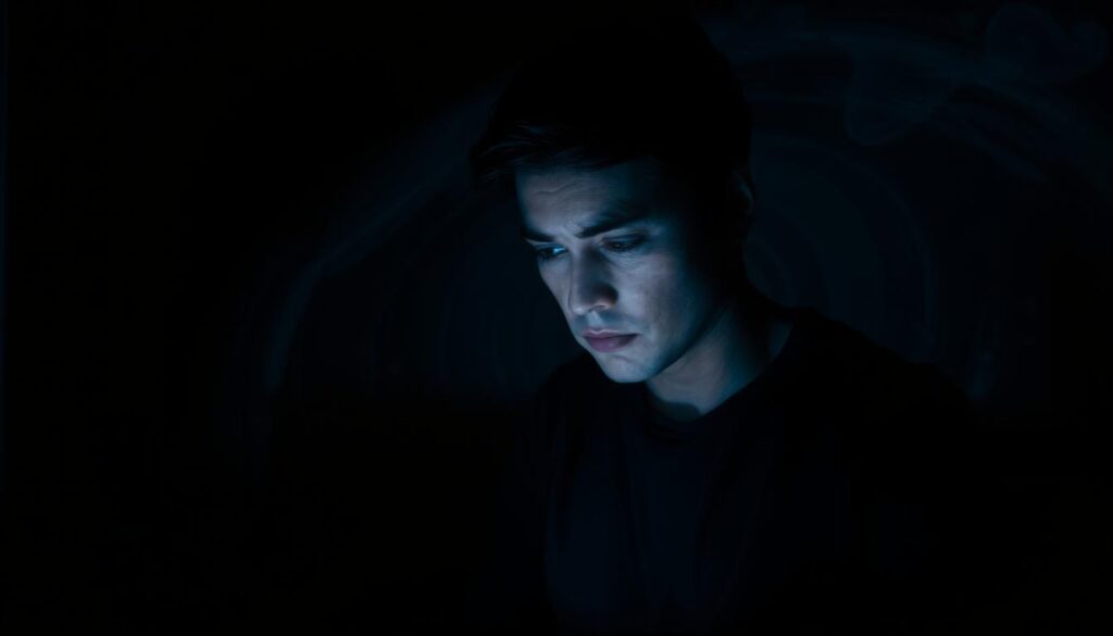 A pensive figure sits in a dimly lit room, their face illuminated by the soft glow of a laptop screen. Shadows cast across their features, conveying a sense of contemplation and unease. In the background, a swirling, abstract pattern of blues and grays evokes the turbulent emotions and mental chaos following a dream of betrayal. The lighting is moody and atmospheric, creating a sense of introspection and emotional vulnerability. The composition draws the viewer's focus to the central figure, inviting them to empathize with the character's inner turmoil and the process of processing the complex feelings that arise from such a dream.
