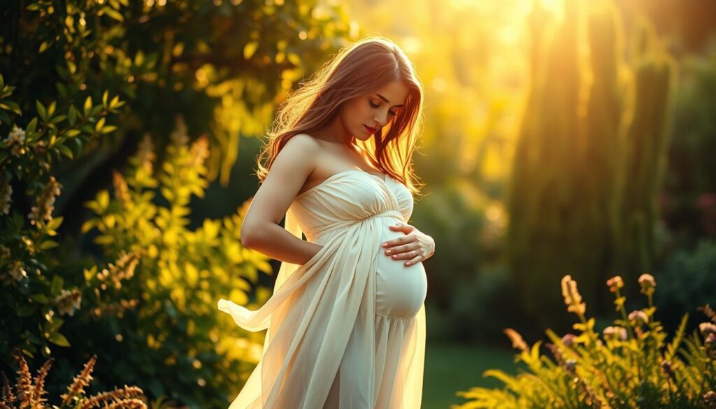 A pregnant woman, her hands cradling her belly, stands in a serene garden bathed in soft, golden light. The scene evokes a sense of tranquility and anticipation, as she dreams of the baby boy she carries. The lush, verdant foliage in the background adds a sense of natural wonder, while the gentle breeze ruffles her flowing dress. The woman's expression is one of deep contemplation, her gaze inward as she ponders the new life growing within her. The overall atmosphere is one of reverence and wonder, capturing the essence of dreaming of a baby boy.