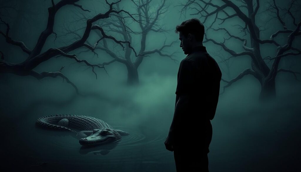 A psychologically evocative interpretation of a dream featuring an alligator. In the foreground, a moody, pensive figure stands in contemplation, their gaze locked on the reptilian form coiled in the shallows of a murky swamp. The alligator's piercing eyes seem to hold a primal, instinctive wisdom, a symbolic representation of the subconscious mind. The middle ground is shrouded in a heavy, atmospheric mist, creating a sense of mystery and the unknown. In the background, the twisted, gnarled branches of ancient trees reach skyward, their shapes evoking a sense of the primitive and the primordial. Dramatic, contrasty lighting casts dramatic shadows, heightening the psychological tension. An eerie, unsettling mood pervades the scene, inviting the viewer to ponder the hidden meanings and symbolic significance of the alligator in the subject's dream.