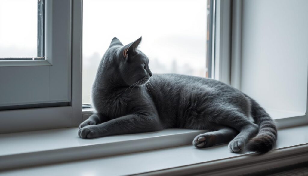A serene and enigmatic gray cat lounges on a windowsill, gazing out at a tranquil, mist-shrouded landscape. Soft natural light filters through the window, casting gentle shadows and highlights on the cat's sleek fur. The scene exudes a sense of contemplation and introspection, inviting the viewer to ponder the deeper meaning and symbolism behind the cat's pensive expression. The overall atmosphere is one of balance, neutrality, and the calming presence of the natural world.
