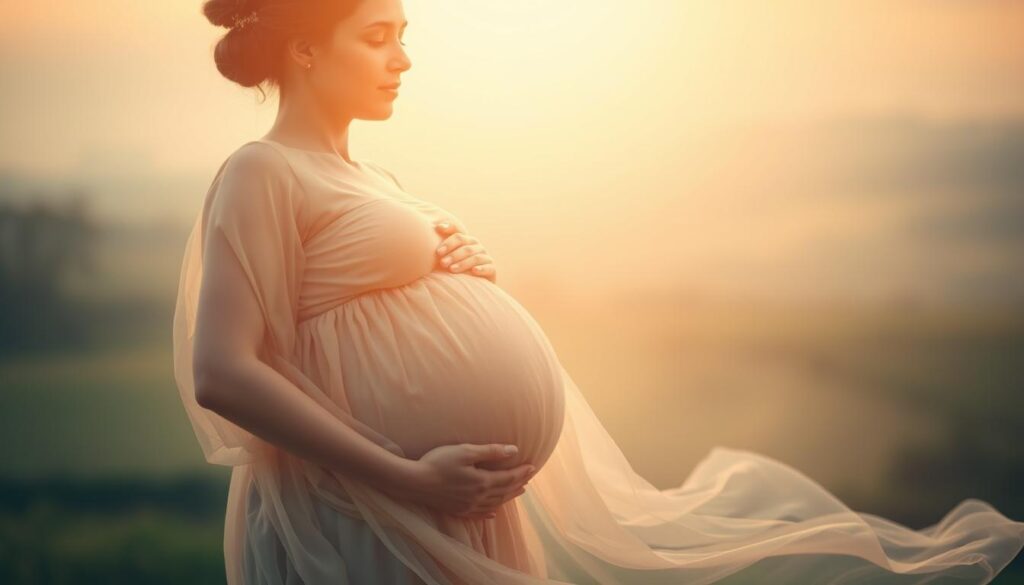 A serene and ethereal dream scene depicting a pregnant woman cradling her swollen belly, her eyes closed in peaceful contemplation. The soft, diffused lighting emanates a warm, golden glow, casting a dreamlike haze over the scene. The woman's figure is the focal point, her delicate features and flowing, diaphanous dress conveying a sense of tranquility and wonder. In the background, a hazy, out-of-focus landscape suggests a serene, pastoral setting, evoking a sense of harmony and connection with nature. The overall atmosphere is one of calm, introspective reflection, inviting the viewer to share in the woman's profound experience of carrying twins.