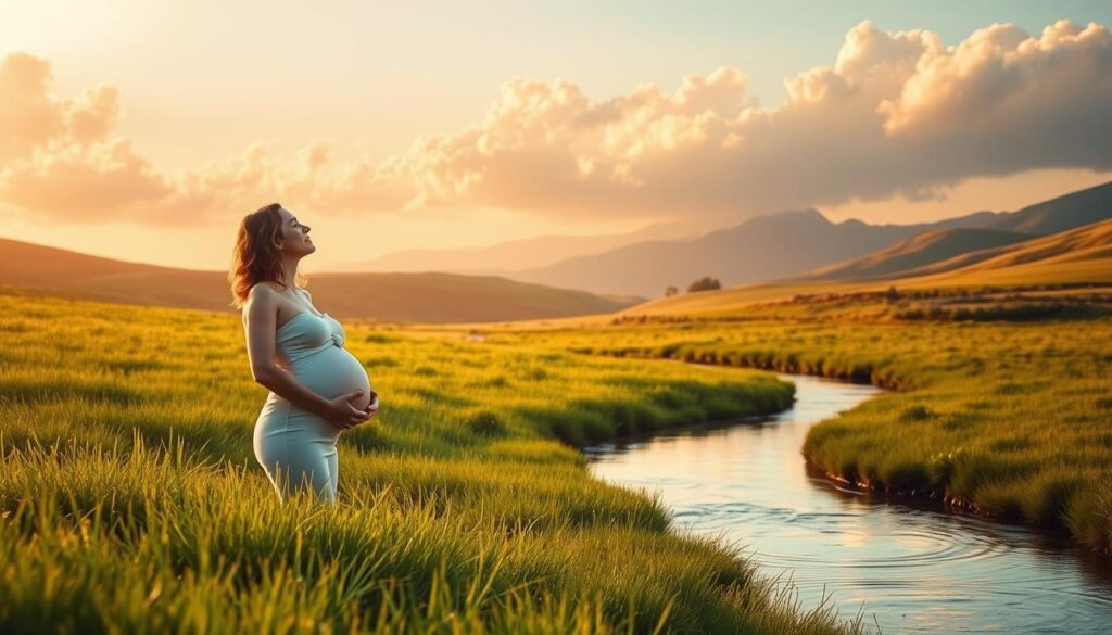 A serene and tranquil scene of a pregnant woman's dream landscape. In the foreground, a woman with a glowing, round belly stands in a lush, verdant meadow, her eyes closed in peaceful contemplation. Surrounding her are soft, billowing clouds in a warm, golden-hued sky. In the middle ground, a meandering stream reflects the dreamlike atmosphere, its gentle ripples creating a calming, hypnotic effect. In the background, rolling hills and distant mountains frame the scene, creating a sense of depth and wonder. The lighting is soft and diffused, lending an ethereal, otherworldly quality to the image. The overall mood is one of harmony, joy, and the profound anticipation of new life.