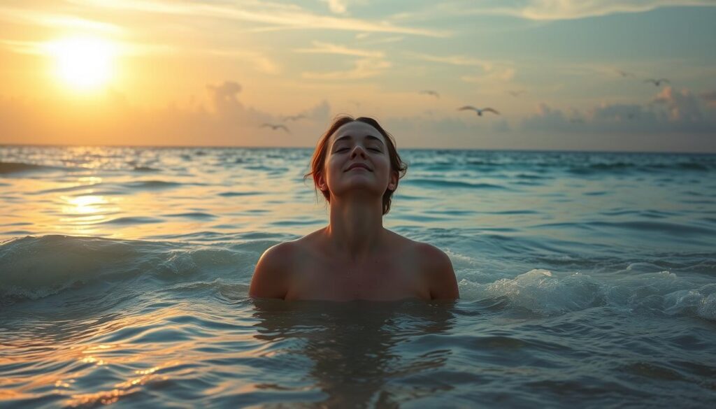 A serene beach at sunset, waves gently lapping at the shore. A person stands waist-deep in the clear, turquoise water, eyes closed in peaceful meditation. The sun's golden rays filter through wispy clouds, casting a warm, dreamlike glow over the scene. The person's expression is one of tranquility, as if they are fully immersed in the calming embrace of the sea. In the distance, a flock of seagulls soar across the horizon, adding to the tranquil atmosphere. The overall mood is one of introspection and connection with the natural world.