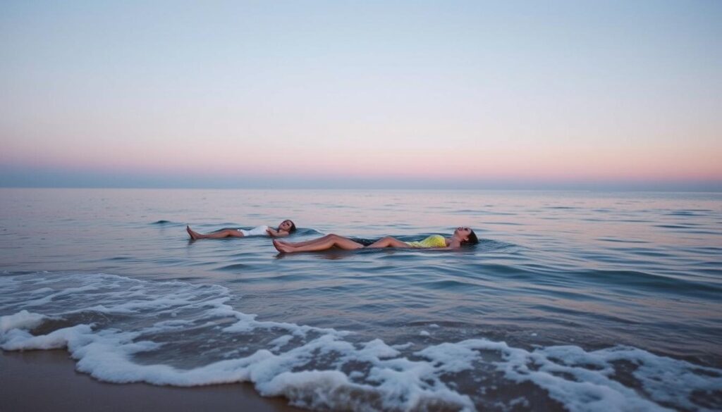 A serene beach at twilight, waves gently lapping the shore as people drift peacefully atop the water, carried by the current. Soft, warm lighting bathes the scene, casting a dreamlike glow. In the background, a distant horizon blends seamlessly between sky and sea. The figures float effortlessly, their expressions tranquil, almost as if they are part of the natural landscape. A sense of wonder and escape permeates the image, inviting the viewer to imagine the subconscious realm where this surreal encounter takes place.