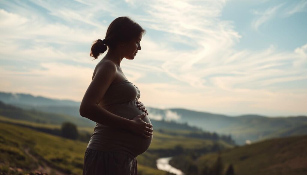 A serene, dreamlike scene of a pregnant woman gazing thoughtfully into the distance. The foreground features her silhouette, her hands resting gently on her rounded belly. Soft, warm lighting illuminates her from behind, creating an ethereal glow. The middle ground depicts a lush, verdant landscape with rolling hills and a tranquil stream. In the background, the sky is filled with wispy, cloud-like formations, adding to the sense of tranquility and introspection. The overall mood is one of contemplation, inner reflection, and the wonder of new life.