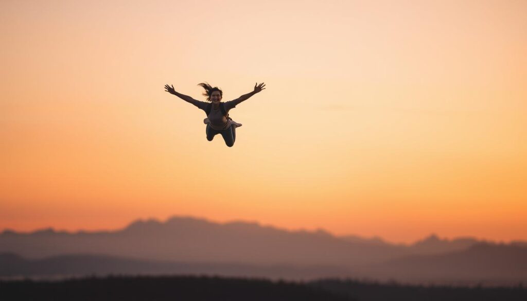 A serene landscape at dusk, a person soaring effortlessly through the air, their body suspended in a state of weightlessness. The sky is painted in warm hues of orange and pink, casting a soft glow over the scene. The individual's expression is one of pure joy and wonder, their arms outstretched as they glide through the tranquil atmosphere. In the distance, a silhouette of mountains can be seen, adding depth and dimension to the composition. The lighting is soft and diffused, creating a sense of ethereal beauty. The overall mood is one of tranquility and inner peace, capturing the essence of the dream-like experience of flying.