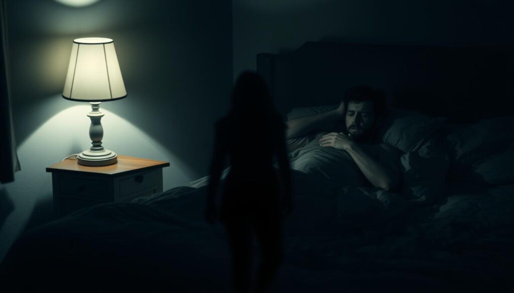 A somber bedroom scene, dimly lit by a single bedside lamp. In the foreground, a figure tossing and turning in bed, their face twisted with guilt and anguish. Shadows cast across the sheets, hinting at the emotional turmoil within. In the middle ground, a shadowy figure stands at the foot of the bed, a metaphorical representation of the betrayal haunting the dreamer's mind. The background is blurred, a hazy, dreamlike quality, emphasizing the subjective, psychological nature of the scene. The overall mood is one of unease, regret, and the weight of a guilty conscience.