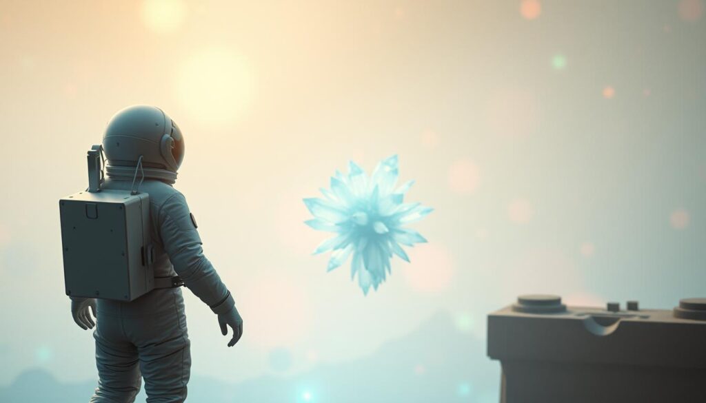 A surreal and dreamlike scene depicting onironauts, the explorers of the dream realm. In the foreground, a figure in a white spacesuit floats weightlessly, their helmet reflecting the ethereal, glowing landscape around them. In the middle ground, a cluster of translucent, crystalline structures levitate, casting an otherworldly luminescence. The background is a hazy, kaleidoscopic expanse of vibrant, shifting colors and shapes, suggesting the vast, enigmatic nature of the dream world. Soft, diffused lighting bathes the scene in a serene, contemplative atmosphere, as if captured through the lens of a vintage camera. The overall composition conveys a sense of wonder, mystery, and the boundless potential of the subconscious mind.