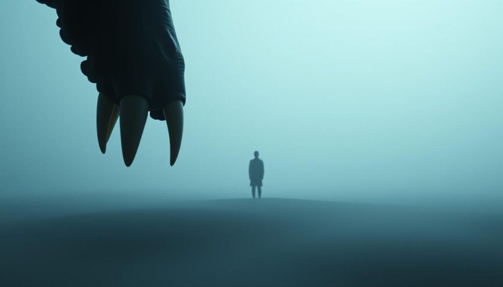 A surreal and dreamlike scene of recurring teeth dreams. In the foreground, a set of disembodied teeth cascade down from the top of the frame, casting soft shadows across a tranquil, hazy landscape. In the middle ground, a solitary figure stands motionless, their face obscured, as if lost in a contemplative trance. The background fades into a subtly shifting, ethereal void, with muted tones of blues and grays evoking a sense of mystery and the subconscious. Soft, diffused lighting creates an atmosphere of introspection and the uncanny, as if the entire scene is unfolding within the depths of the viewer's own psyche.