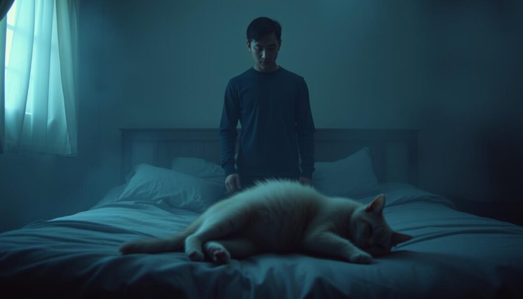 A surreal, dream-like scene of a person standing in a dimly lit, atmospheric bedroom, solemnly contemplating the lifeless body of a cat at their feet. The lighting is soft and hazy, creating an unsettling, melancholic mood. The cat's body is rendered in a muted, almost ethereal palette, suggesting a sense of finality and closure. The person's expression is one of resigned acceptance, their gaze downcast and thoughtful. The background is obscured in a veil of shadows, focusing the viewer's attention on the central narrative. The overall composition and tonality evoke the complex, often uncomfortable emotions associated with the act of "killing a cat in a dream".