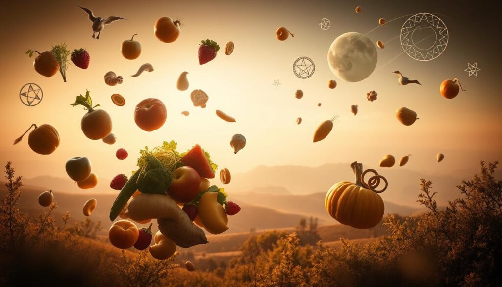 A surreal, dreamlike scene depicting the symbolism of dreams. In the foreground, a floating assortment of food items - fruits, vegetables, and other culinary delights - hover and drift, each item imbued with a mystical aura. The middle ground features a serene, hazy landscape with rolling hills and a distant horizon, bathed in a warm, golden light. In the background, abstract shapes and symbols associated with dream interpretation float and swirl, creating an otherworldly atmosphere. The overall composition conveys a sense of the interconnectedness between the physical act of eating and the subconscious realm of dreams. Soft, diffused lighting and a muted color palette evoke a tranquil, introspective mood.