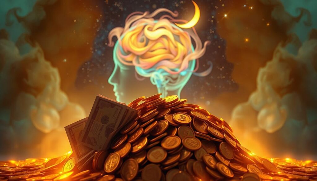 A surreal dreamscape of symbolic imagery, illuminated by warm, diffused lighting. In the foreground, a floating pile of gold coins and banknotes, glimmering with an ethereal quality. In the middle ground, a representation of the subconscious mind, with abstract, swirling shapes and vibrant colors. The background depicts a night sky, with a crescent moon and shimmering stars, creating a sense of wonder and mystery. The overall composition evokes the psychological significance of dreaming about finding or acquiring wealth, hinting at the deep-seated desires and anxieties that may underlie such dreams.