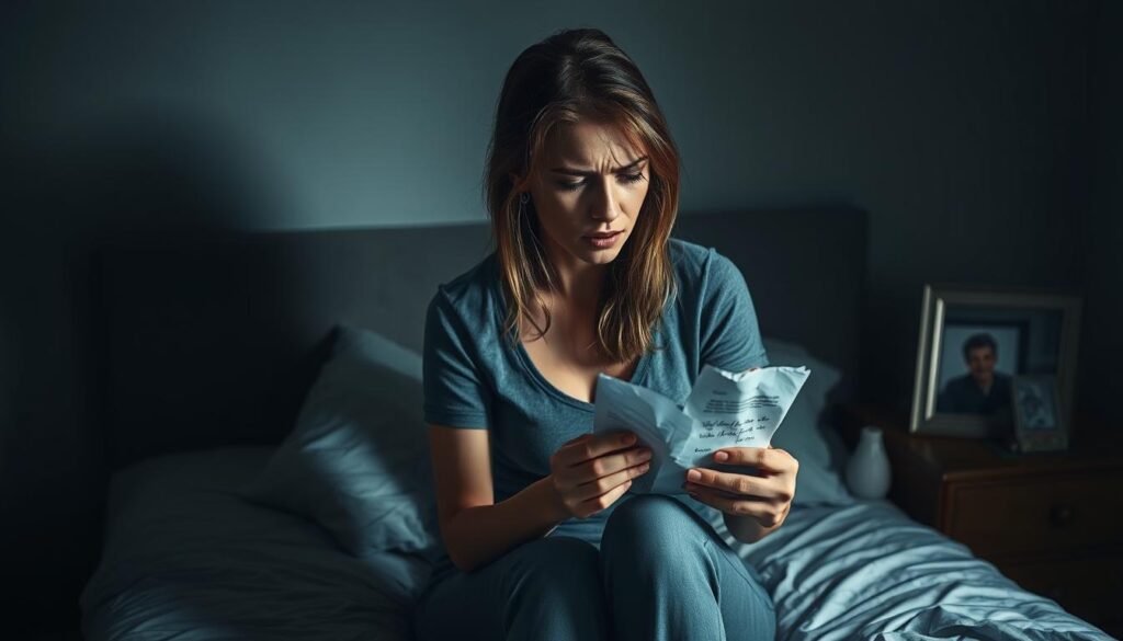 A troubled young woman sits on her bed, tears streaming down her face. She clutches a crumpled letter, a betrayal of trust from her lover. The room is dimly lit, casting shadows of doubt and heartbreak. Soft, muted colors reflect the somber mood, while the woman's expression conveys a mix of anguish, anger, and disbelief. A framed photograph of the couple stands on the nightstand, a painful reminder of happier times now shattered. The atmosphere is one of raw emotion, a visceral depiction of the pain and turmoil that comes with being betrayed by someone you love.