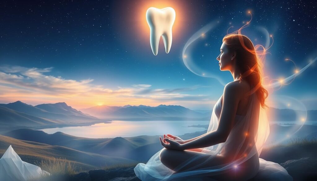 A vibrant and ethereal scene depicting the spiritual significance of a falling tooth dream. In the foreground, a serene figure sits in a meditative pose, their face illuminated by a soft, celestial glow. Wisps of translucent energy swirl around them, hinting at the profound inner transformation taking place. The middle ground reveals a serene, dreamlike landscape - rolling hills, a tranquil lake, and a night sky adorned with twinkling stars. In the distance, a falling tooth descends gently, its descent imbued with a sense of release and renewal. The overall atmosphere is one of introspection, peace, and the profound connections between the physical and spiritual realms.