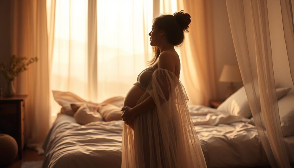 A warm, ethereal scene depicting the impact of pregnancy dreams on daily life. In the foreground, a pregnant woman in a flowing, gossamer gown gazes pensively into the distance, her hands cradling her swollen belly. Soft, diffused lighting filters through gossamer curtains, casting a dreamlike hue over the scene. In the middle ground, a cozy, inviting bedroom with plush bedding and soft textiles creates a sense of sanctuary and comfort. The background features a hazy, impressionistic landscape, suggesting the blending of the physical and spiritual realms. The overall atmosphere is one of introspection, wonder, and the profound impact of the subconscious on the everyday experience of pregnancy.