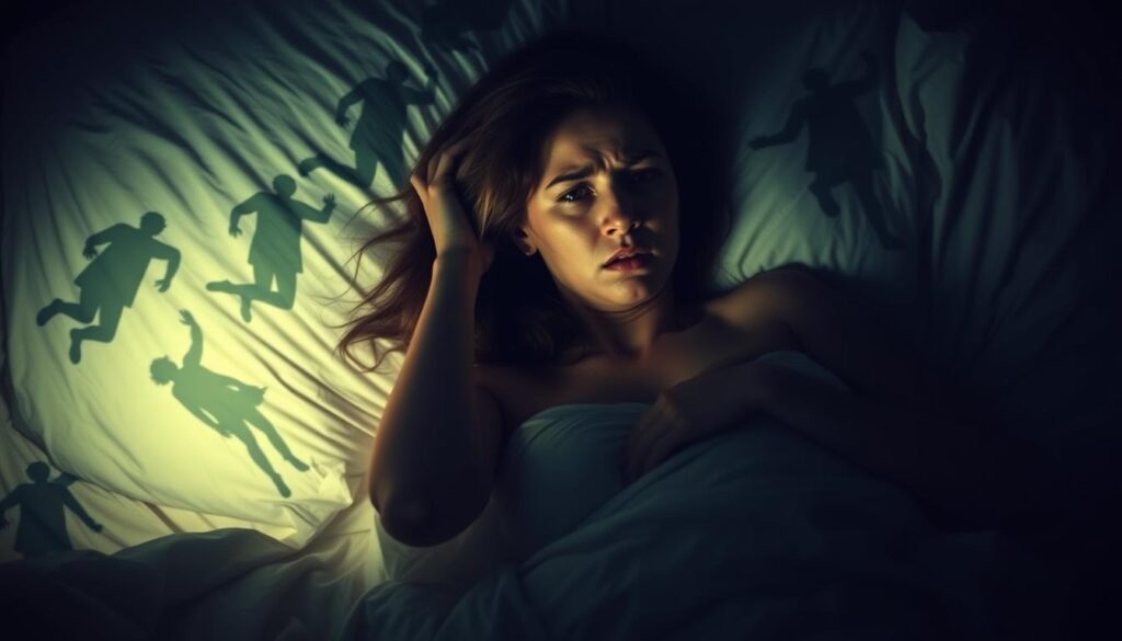 A woman tossing and turning restlessly in bed, her expression troubled, surrounded by a swirling vortex of shadowy figures representing recurring betrayal. The scene is lit by a dim, haunting glow, casting an unsettling atmosphere. The woman's face is partially obscured, conveying a sense of vulnerability and emotional turmoil. The background is hazy and dreamlike, emphasizing the subconscious nature of the experience. Subtle details, such as shredded bedsheets or a crumpled pillow, further suggest the distress and disruption of a repeating nightmare about infidelity.
