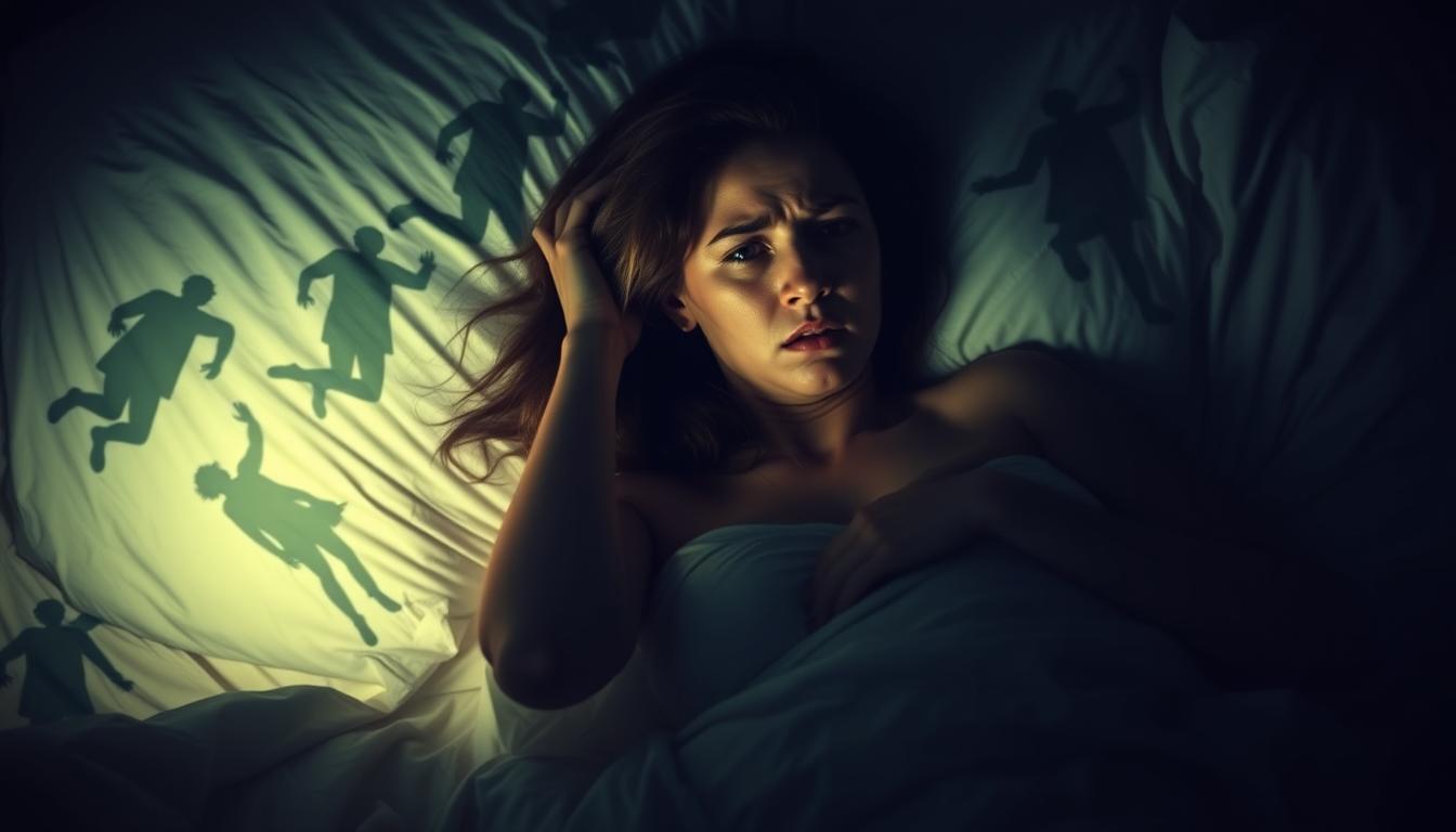 A woman tossing and turning restlessly in bed, her expression troubled, surrounded by a swirling vortex of shadowy figures representing recurring betrayal. The scene is lit by a dim, haunting glow, casting an unsettling atmosphere. The woman's face is partially obscured, conveying a sense of vulnerability and emotional turmoil. The background is hazy and dreamlike, emphasizing the subconscious nature of the experience. Subtle details, such as shredded bedsheets or a crumpled pillow, further suggest the distress and disruption of a repeating nightmare about infidelity.
