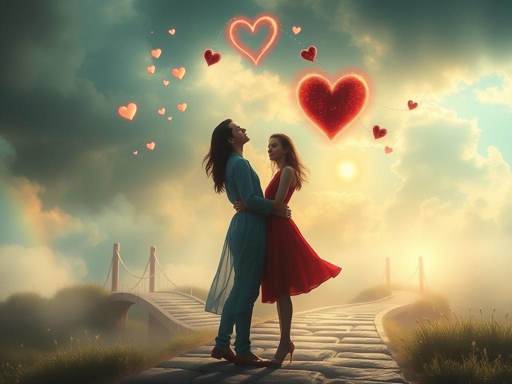Casal em um cenário onírico representando um sonho com namorado Casal em um cenário onírico representando um sonho com namorado
