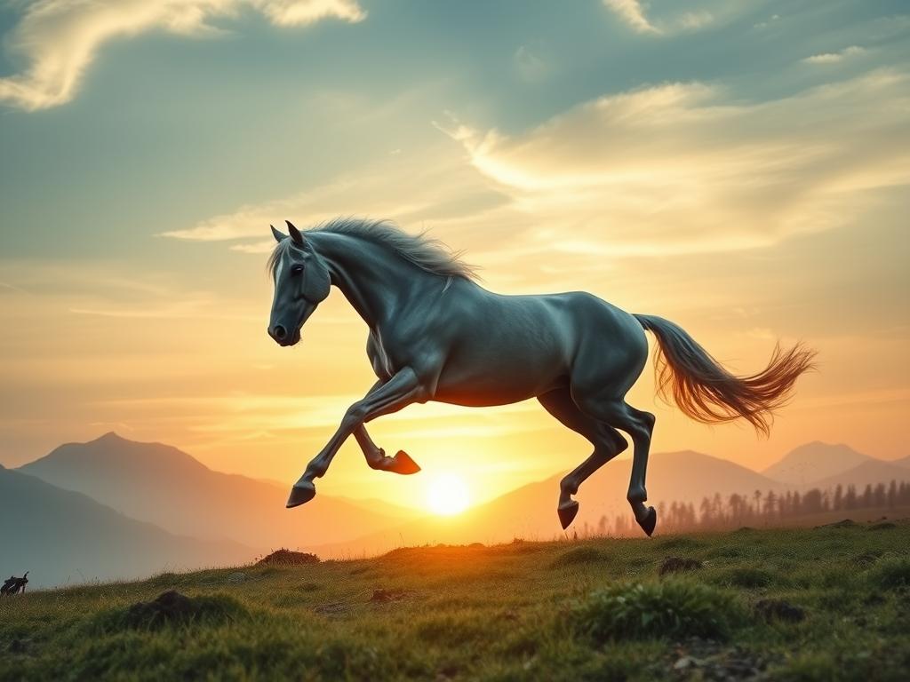 Cavalo correndo em paisagem onírica simbolizando liberdade e poder Cavalo correndo em paisagem onírica simbolizando liberdade e poder
