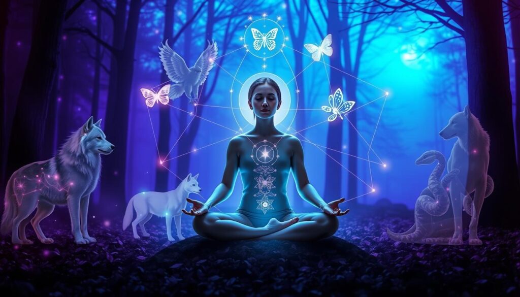 Pessoa meditando cercada por silhuetas de animais simbolizando a conexão entre consciência humana e sabedoria animal Pessoa meditando cercada por silhuetas de animais simbolizando a conexão entre consciência humana e sabedoria animal