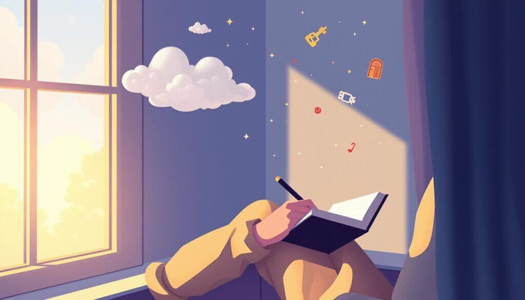 Pessoa refletindo sobre um sonho, escrevendo em um diário de sonhos com elementos oníricos ao redor