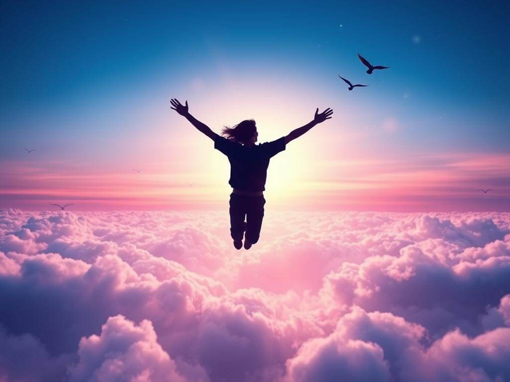 Pessoa voando em um sonho, sensação de liberdade e transcendência